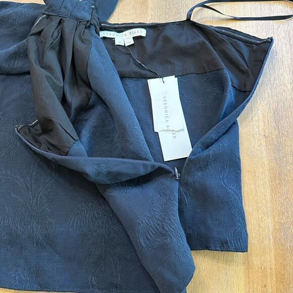 Veronica Beard Belinda Top One Shoulder Jacquard Navy Blue Linen Blend Size 14 - Picture 6 of 11